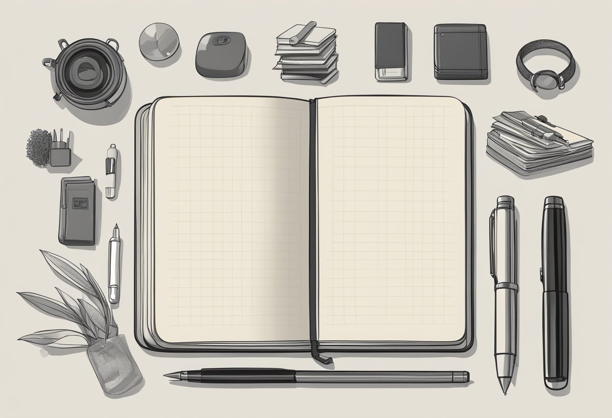 A moleskine classic notebook surrounded by various objects, with a pen resting on top, ready to be used