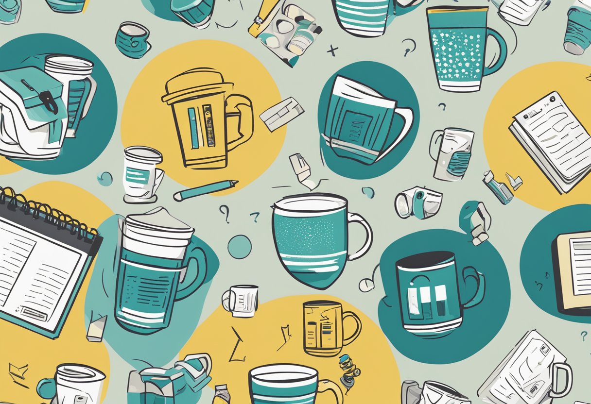 The logo "Frequently Asked Questions" is printed in bold, clear lettering on various products, such as mugs, t-shirts, and notebooks