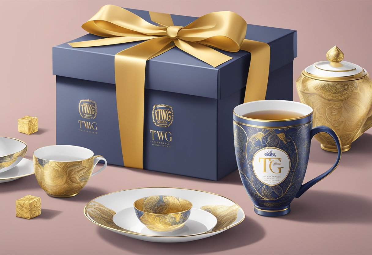 A beautifully wrapped gift box with TWG Tea corporate gifts displayed on a sleek, modern table