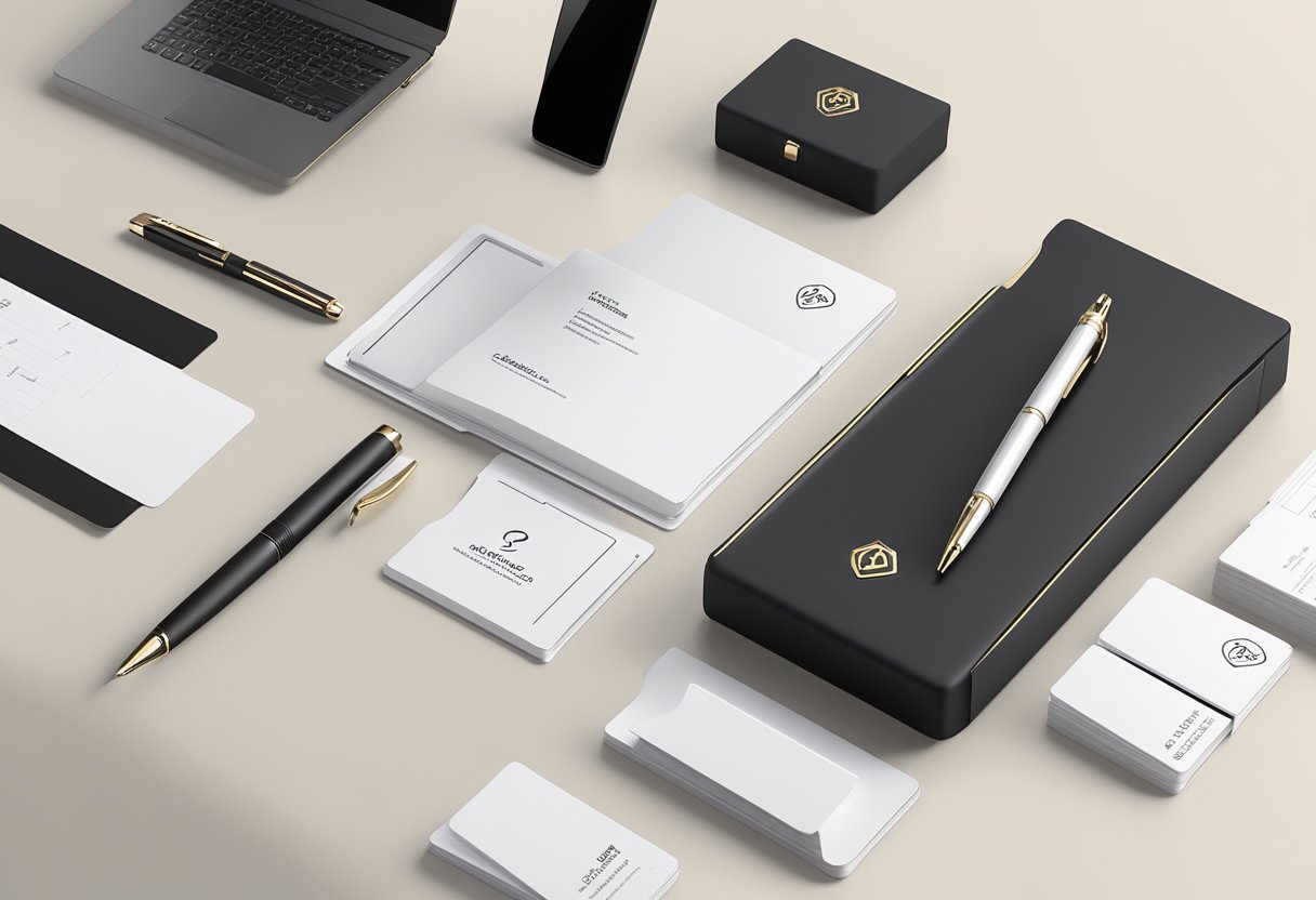 A sleek, modern desk with a luxury pen and card holder, branded with corporate logos, surrounded by frequently asked questions about the product