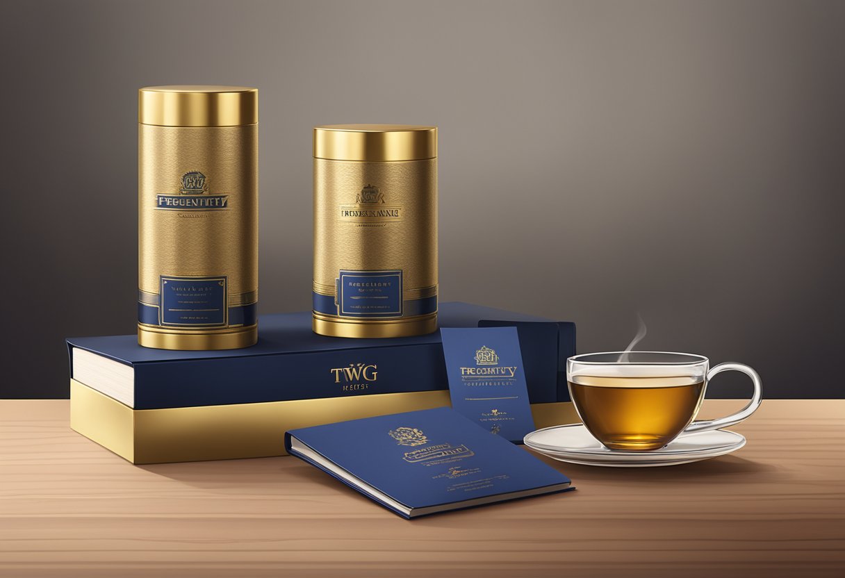 A stack of elegantly wrapped TWG Tea corporate gifts on a polished wooden table, with a gold-embossed "Frequently Asked Questions" booklet placed next to them
