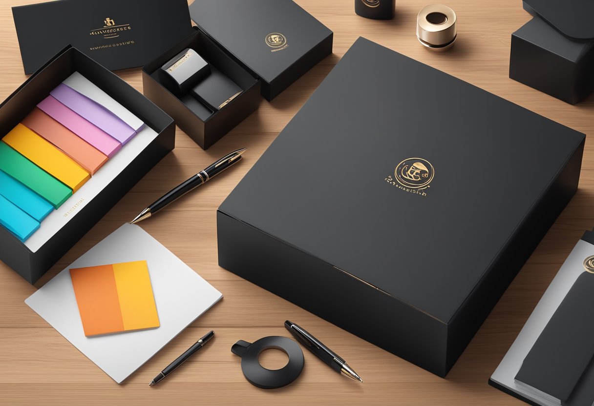 A sleek black gift box with the company logo sits on a polished wooden desk, surrounded by elegant stationery and a branded pen