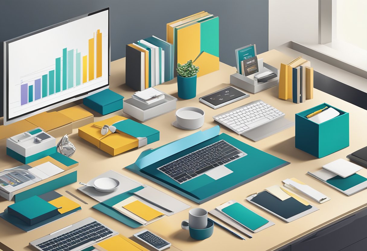 A table displays a variety of corporate gifts in a Singapore office. Boxes of branded items, elegant stationery, and tech gadgets are neatly arranged for selection
