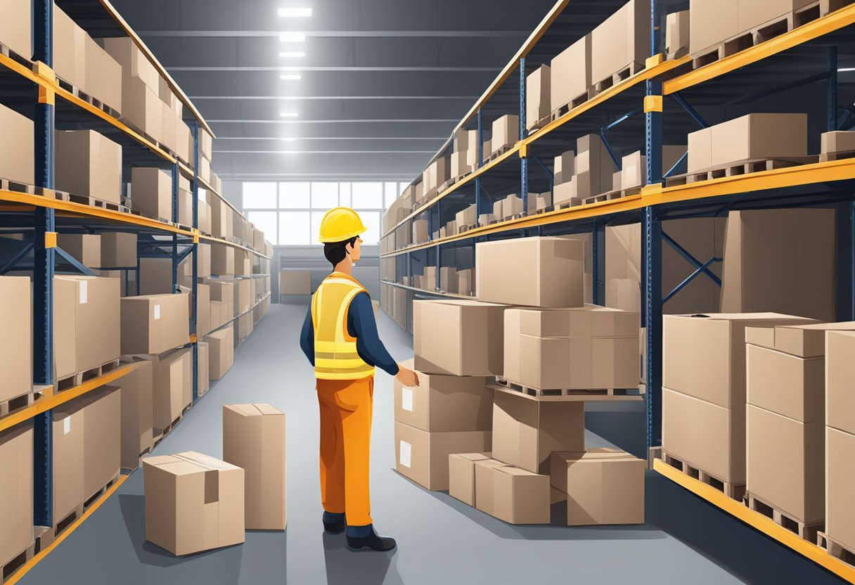 A warehouse worker packages corporate gifts for distribution