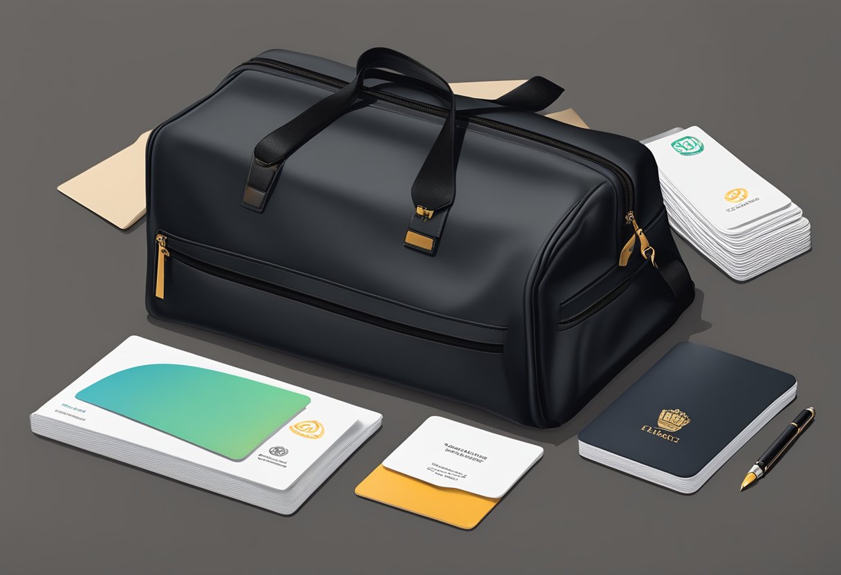 A sleek black travel bag with a company logo sits on a desk, surrounded by a stack of business cards, a branded pen, and a passport holder