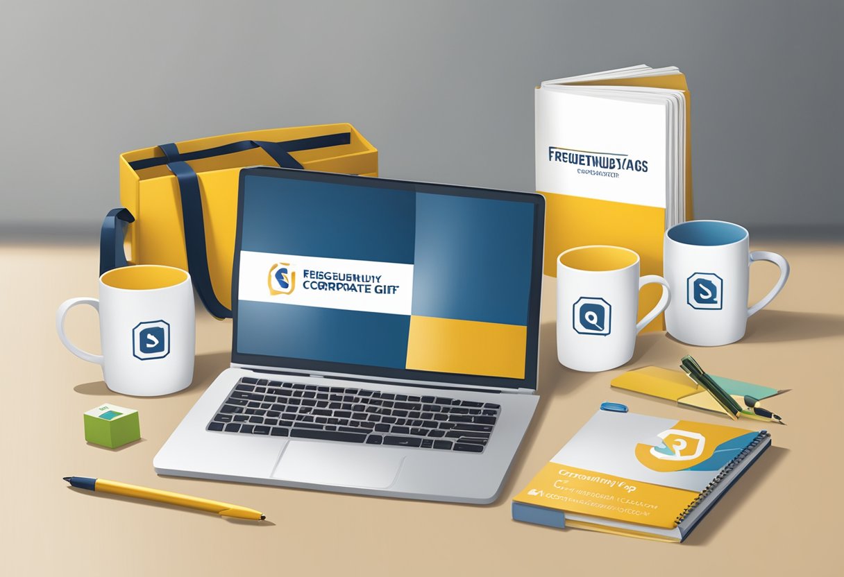 A table with branded corporate gifts displayed, including mugs, notebooks, and pens. A sign reads "Frequently Asked Questions about SQ Corporate Gift."
