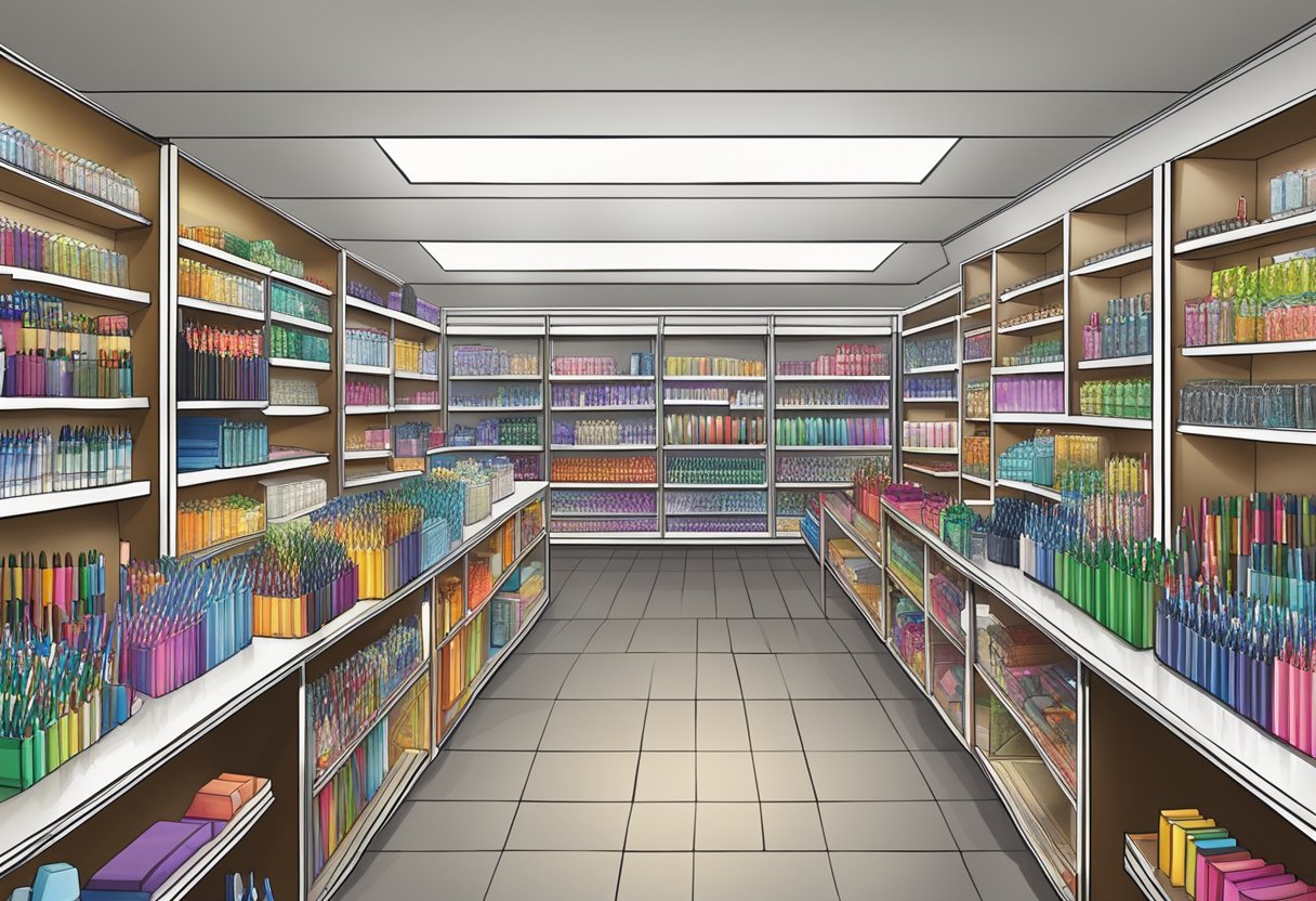 A busy gift shop with shelves of pens and corporate gifts