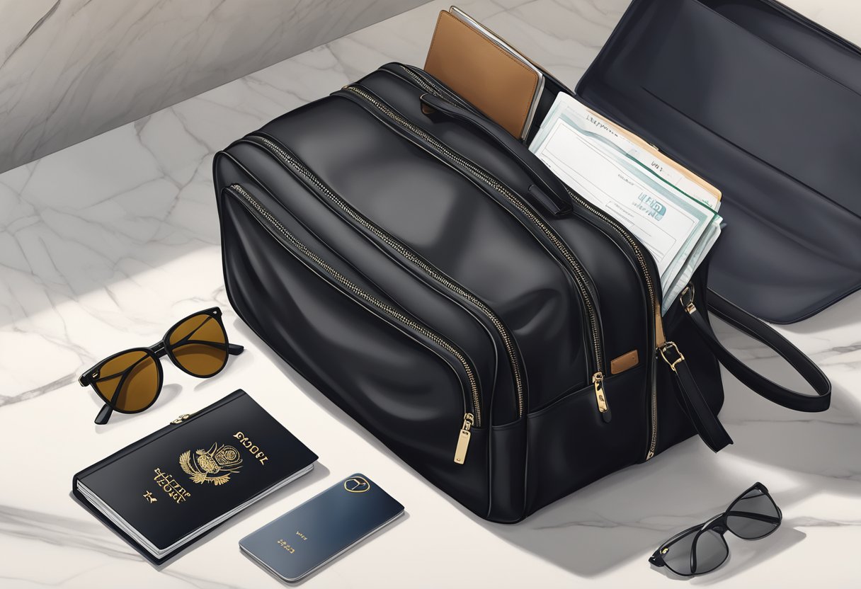 A sleek black travel bag sits on a marble tabletop, with multiple compartments and a discreet logo. It is surrounded by a passport, a laptop, and a pair of sunglasses