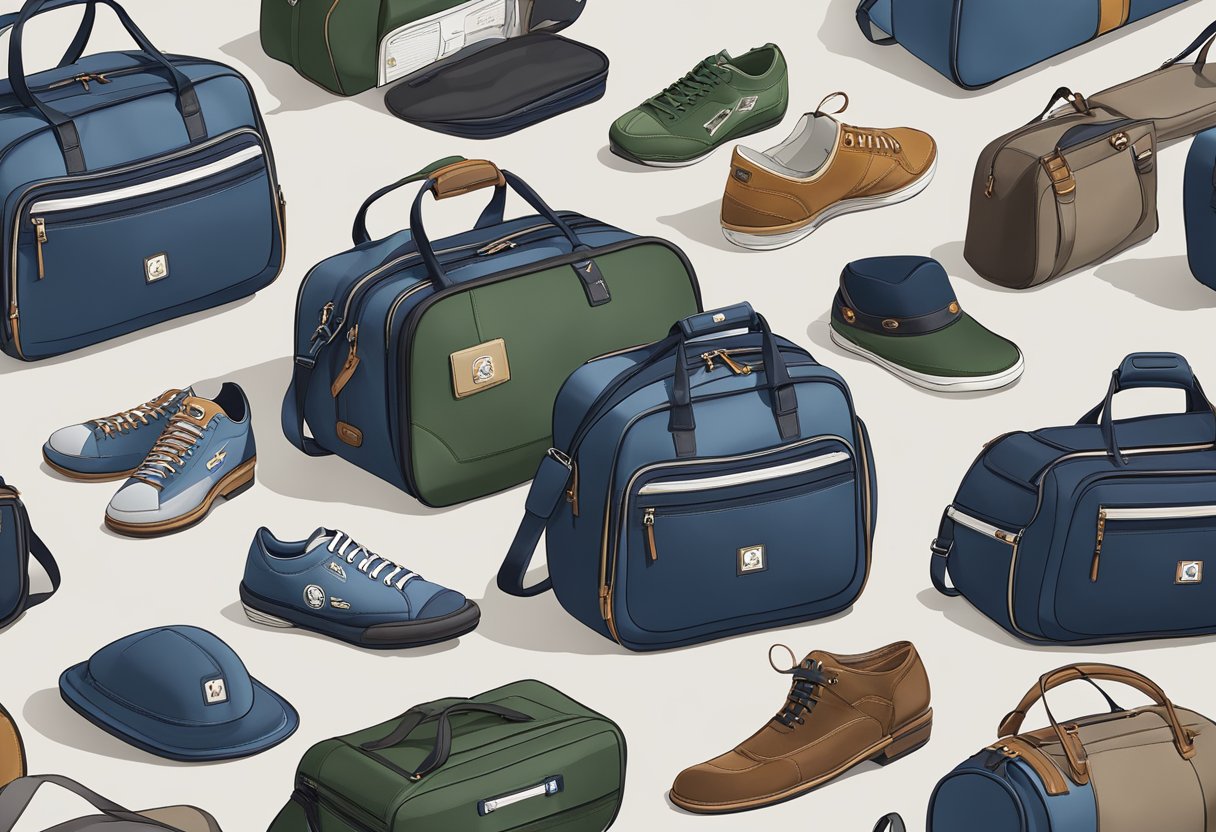 A sleek, high-quality travel bag adorned with the company's logo and colors, filled with carefully selected items that reflect the brand's values and commitment to excellence