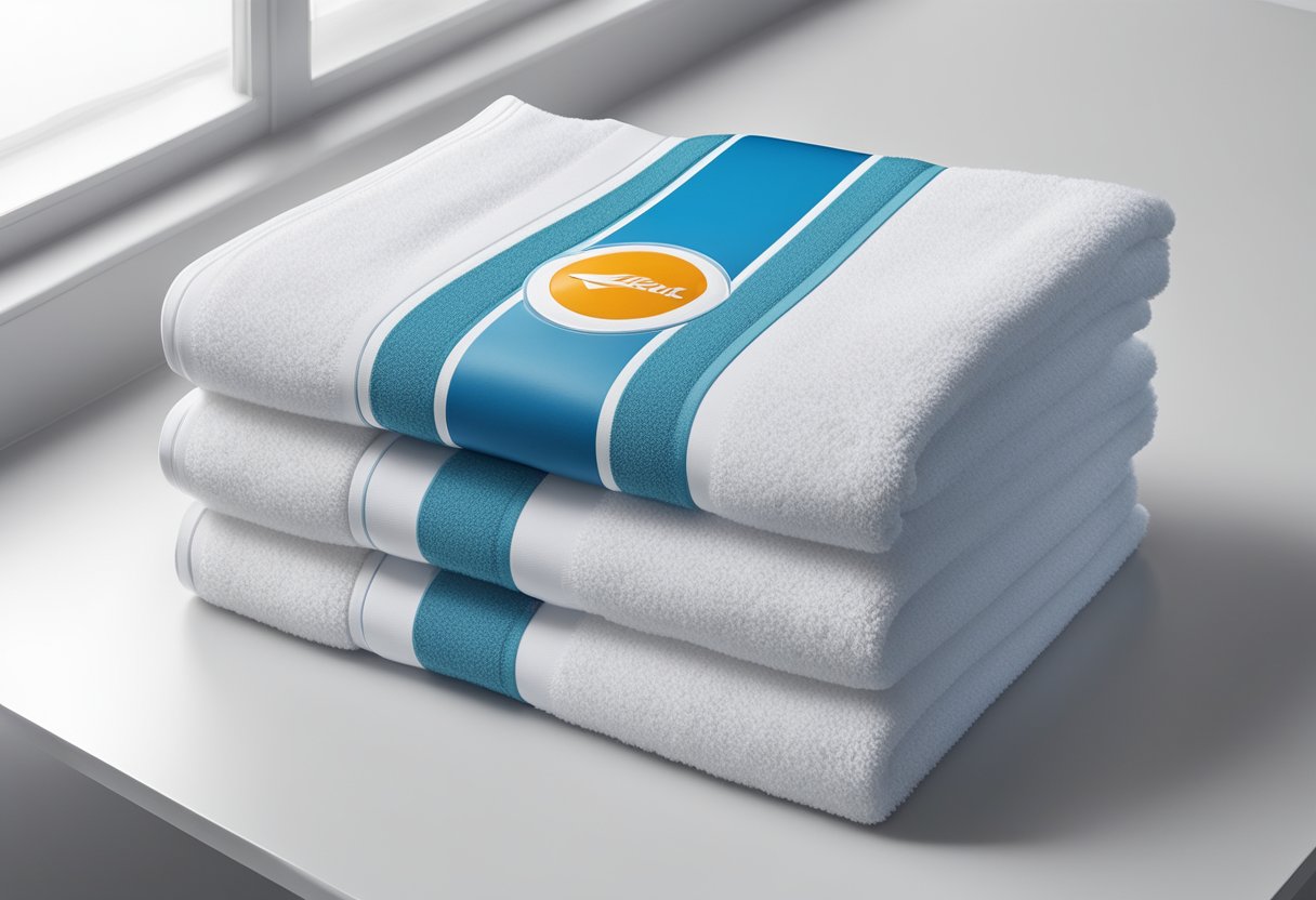 A branded towel lies neatly folded on a pristine white table, with the company logo prominently displayed in the center