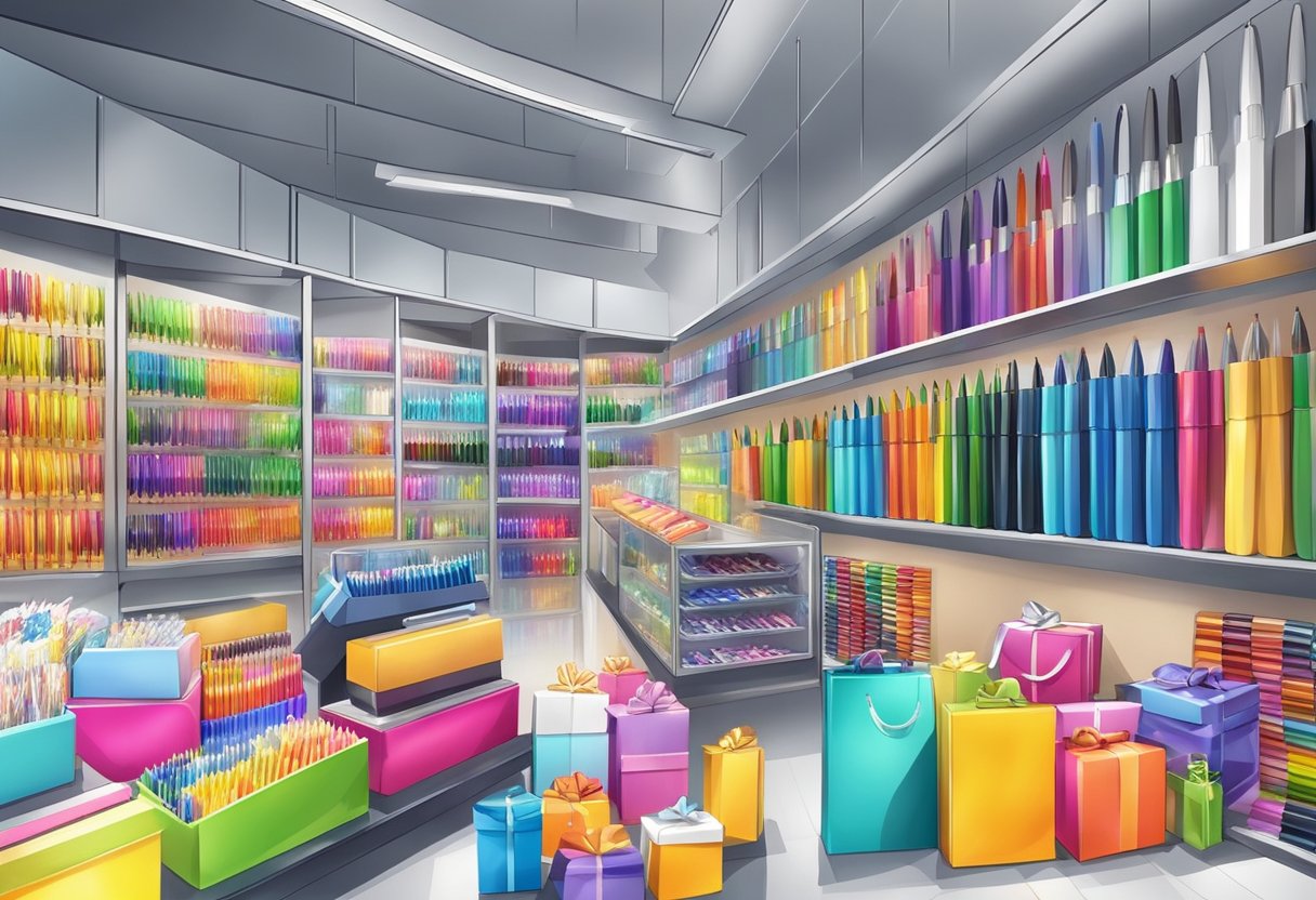 A display of colorful pens and corporate gifts in a modern gift shop