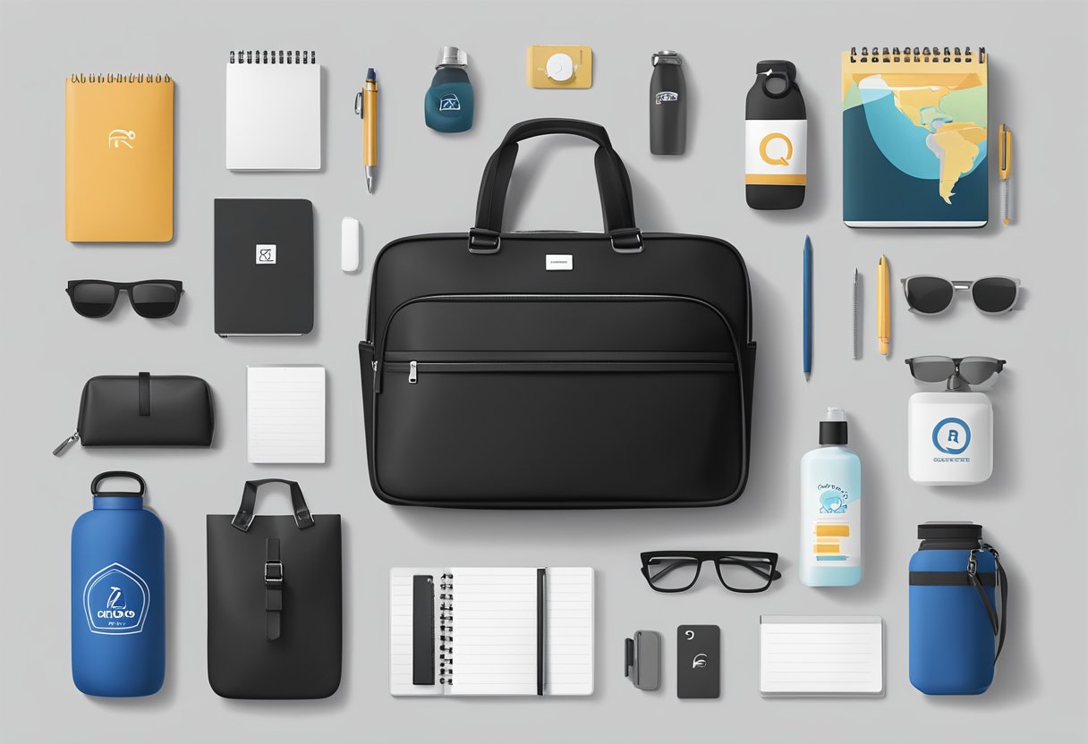 A sleek black travel bag with the words "Frequently Asked Questions" printed in bold white letters, surrounded by corporate gift items like notebooks, pens, and a branded water bottle