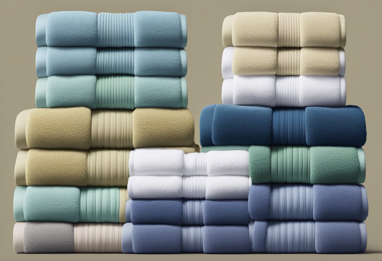 A stack of plush towels in various colors and sizes arranged neatly with a company logo embroidered on each one