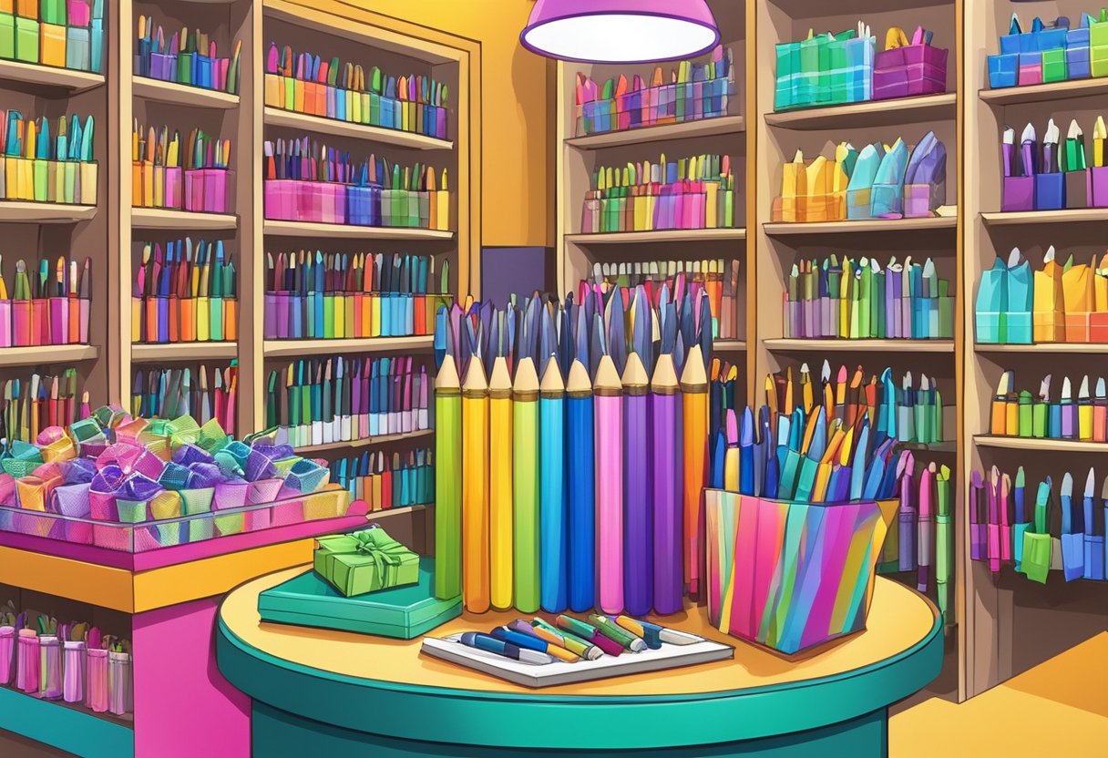 A colorful display of pens and gift items in a vibrant gift shop with a sign reading "Frequently Asked Questions" for corporate gifts