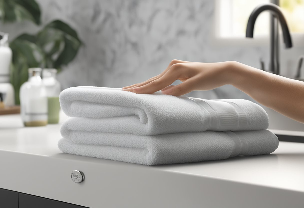 A hand reaches for a plush, white towel with a neatly embroidered company logo, displayed on a sleek countertop surrounded by other luxurious towel options