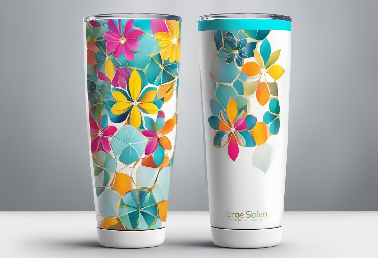 A sublimation tumbler sits on a clean, white table. The tumbler is adorned with a vibrant, colorful design that wraps around the entire surface