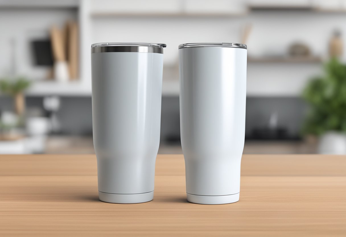 A blank sublimation tumbler sits on a table, ready for customization. The surface is smooth and shiny, with a slight metallic sheen