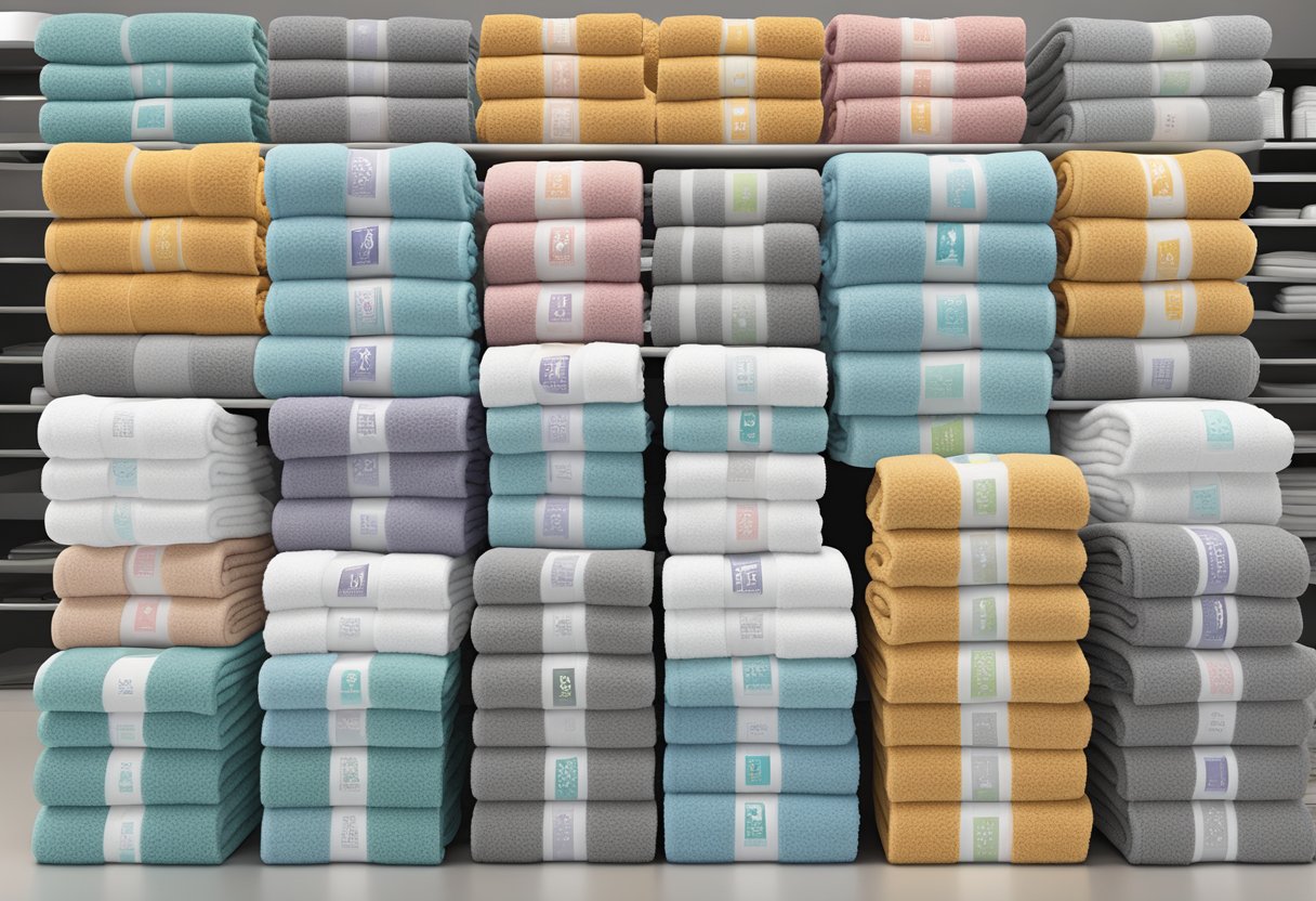 A stack of branded towels with "Frequently Asked Questions" printed on them, arranged as a corporate gift display