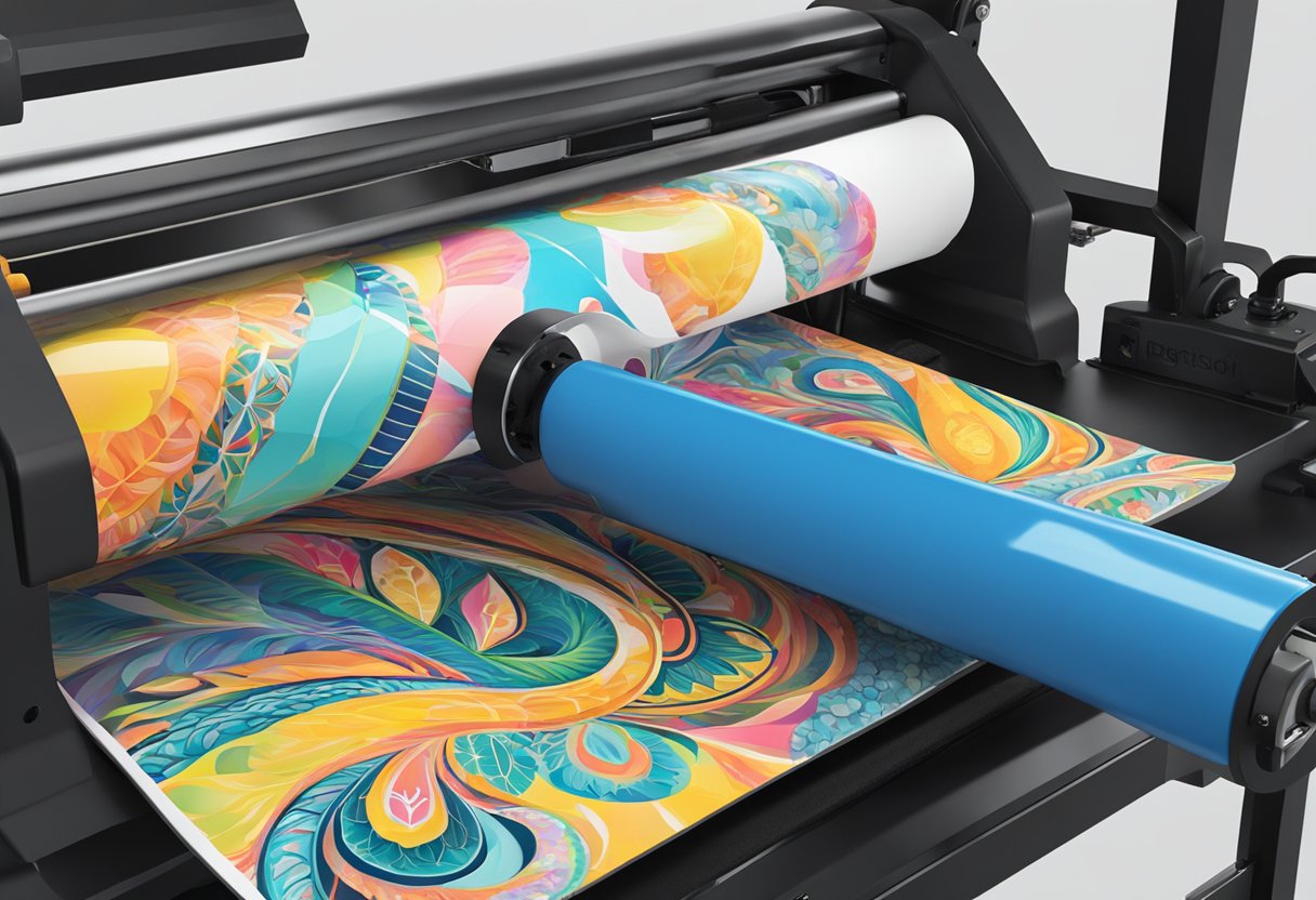 A sublimation tumbler sits on a heat press machine with vibrant colors and intricate designs being transferred onto its surface