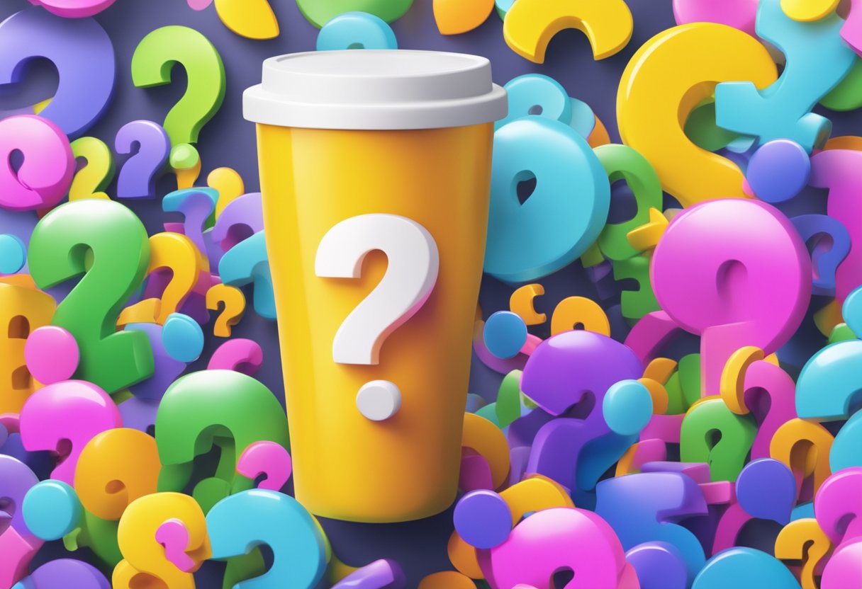 A colorful sublimation tumbler surrounded by floating question marks and a "Frequently Asked Questions" banner in the background