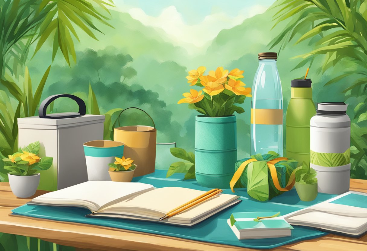 A table adorned with eco-friendly gifts: reusable water bottles, bamboo utensils, and recycled notebooks. A backdrop of lush greenery and solar panels