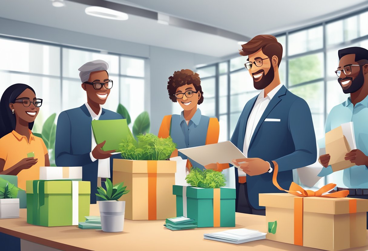 A group of diverse and happy employees receiving eco-friendly corporate gifts in a modern office setting
