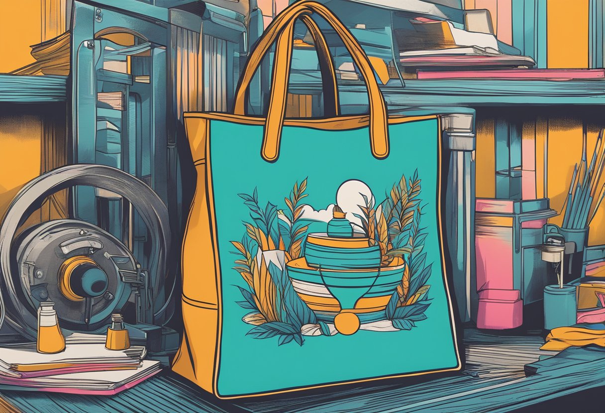 A tote bag being screen printed with a custom design using vibrant colors and high-quality materials