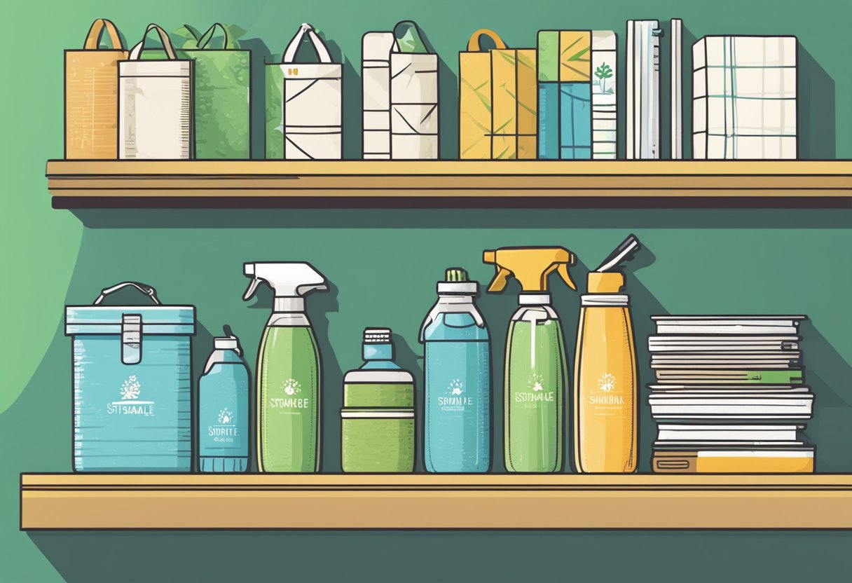 A hand reaches for eco-friendly gifts on a shelf, labeled "Sustainable Corporate Gifts." The products include reusable water bottles, bamboo utensils, and recycled notebooks