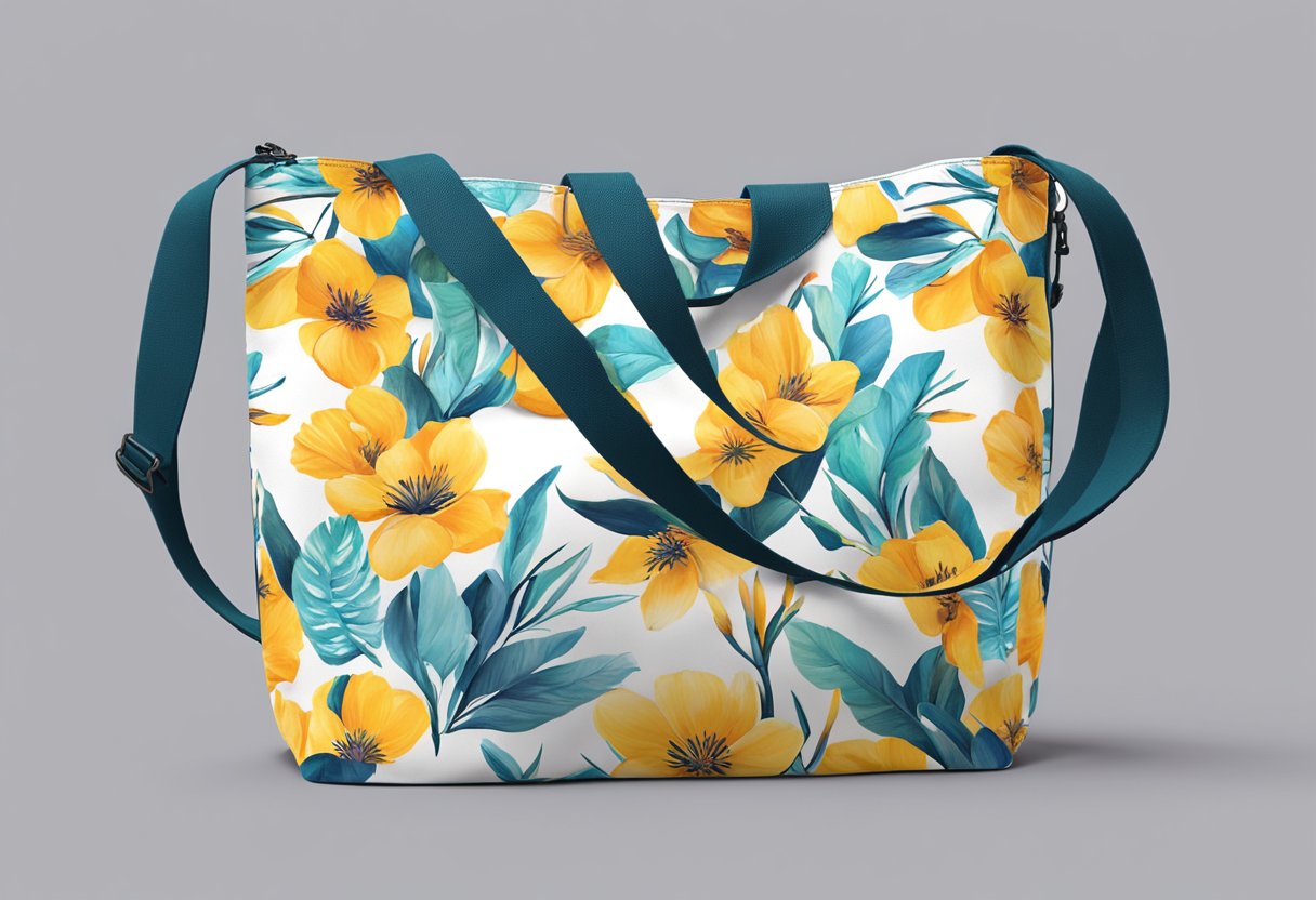 A tote bag with multiple pockets and adjustable straps, featuring a bold and vibrant custom design