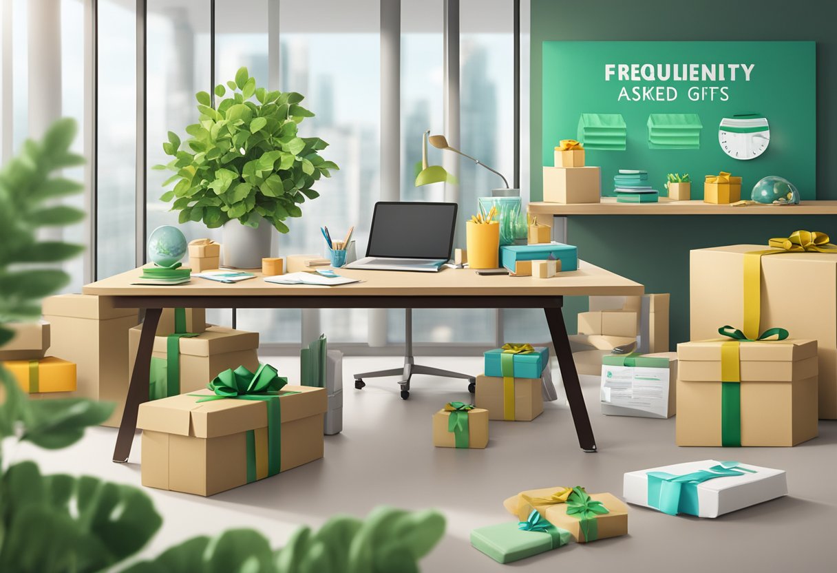 A table with various eco-friendly gift items and a sign reading "Frequently Asked Questions sustainable corporate gifts" displayed in a modern office setting