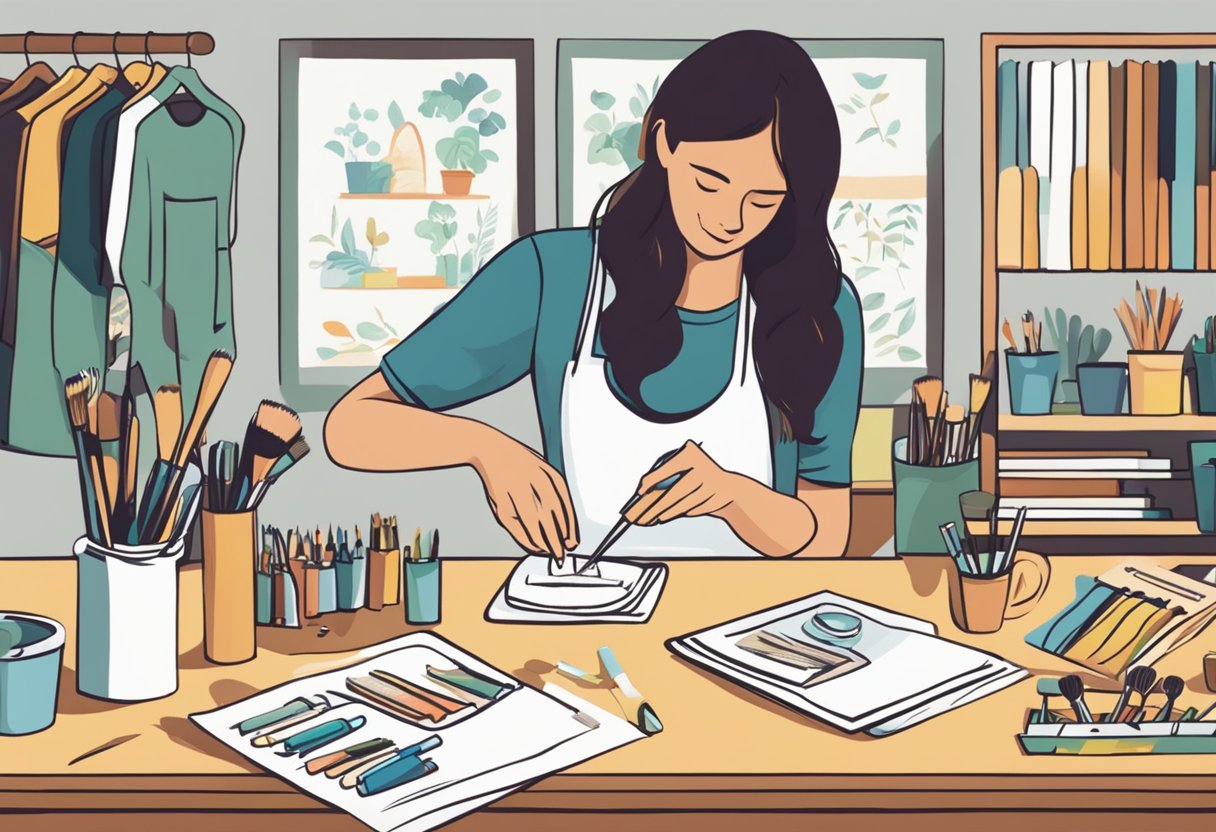 A table with various tote bag designs, paintbrushes, and stencils. A person customizing a tote bag with the "Frequently Asked Questions" logo