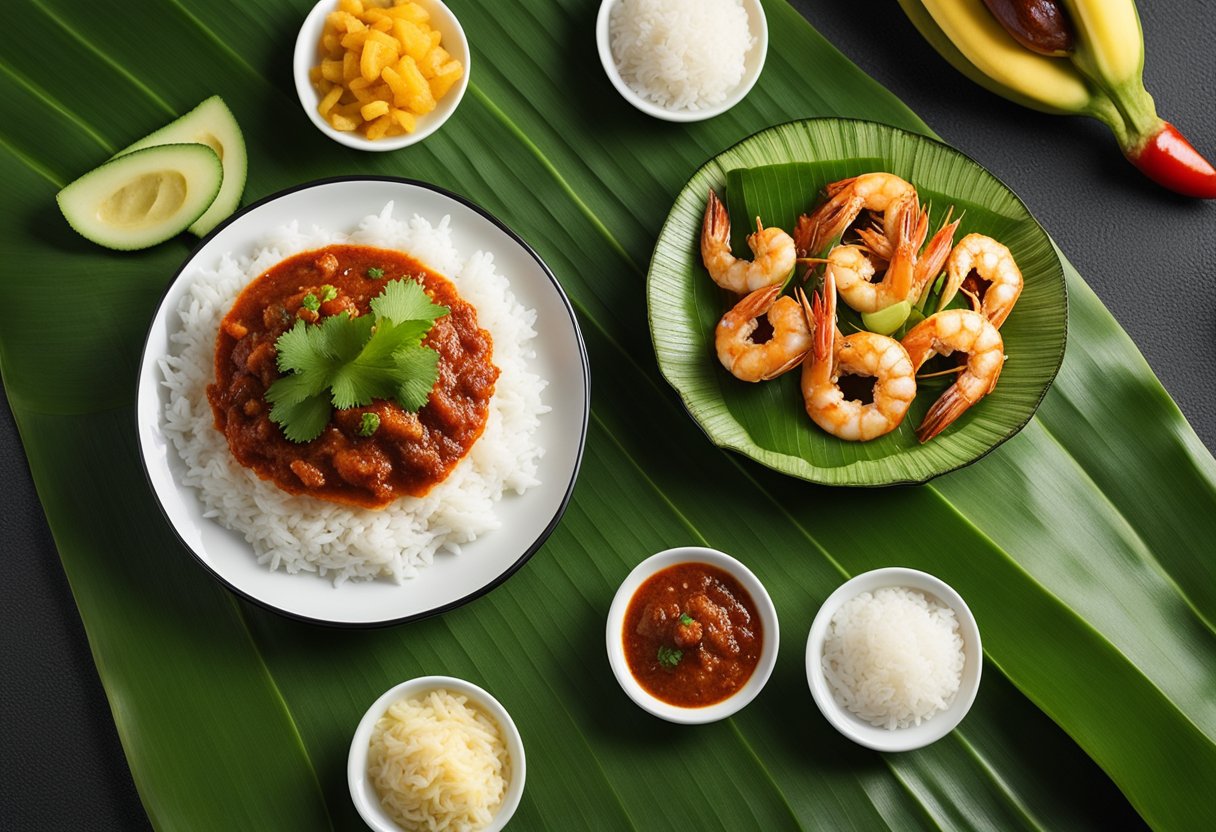 A plate of prawn sambal sits on a banana leaf, surrounded by steamed rice and slices of cucumber. The spicy, aromatic sauce glistens on the prawns, enticing the viewer with its vibrant colors and rich flavors