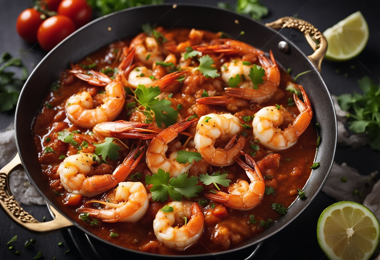 Prawns simmer in a rich, spicy sambal sauce, with onions and tomatoes sizzling in the pan