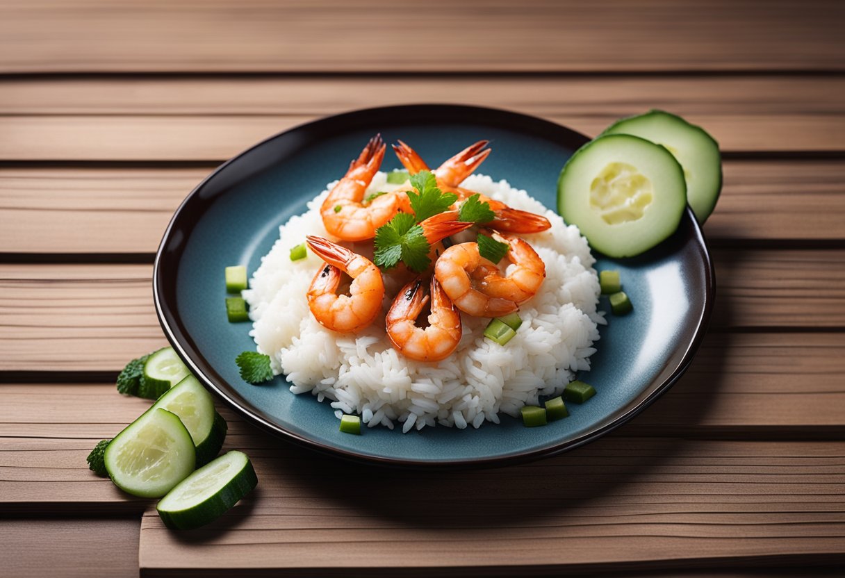 A plate of prawn sambal with steamed rice and a side of fresh cucumber slices on a wooden table