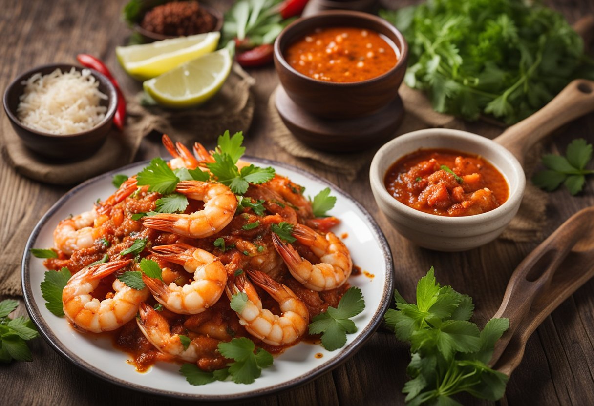 A plate of prawn sambal with steaming hot sauce, surrounded by aromatic herbs and spices, on a rustic wooden table