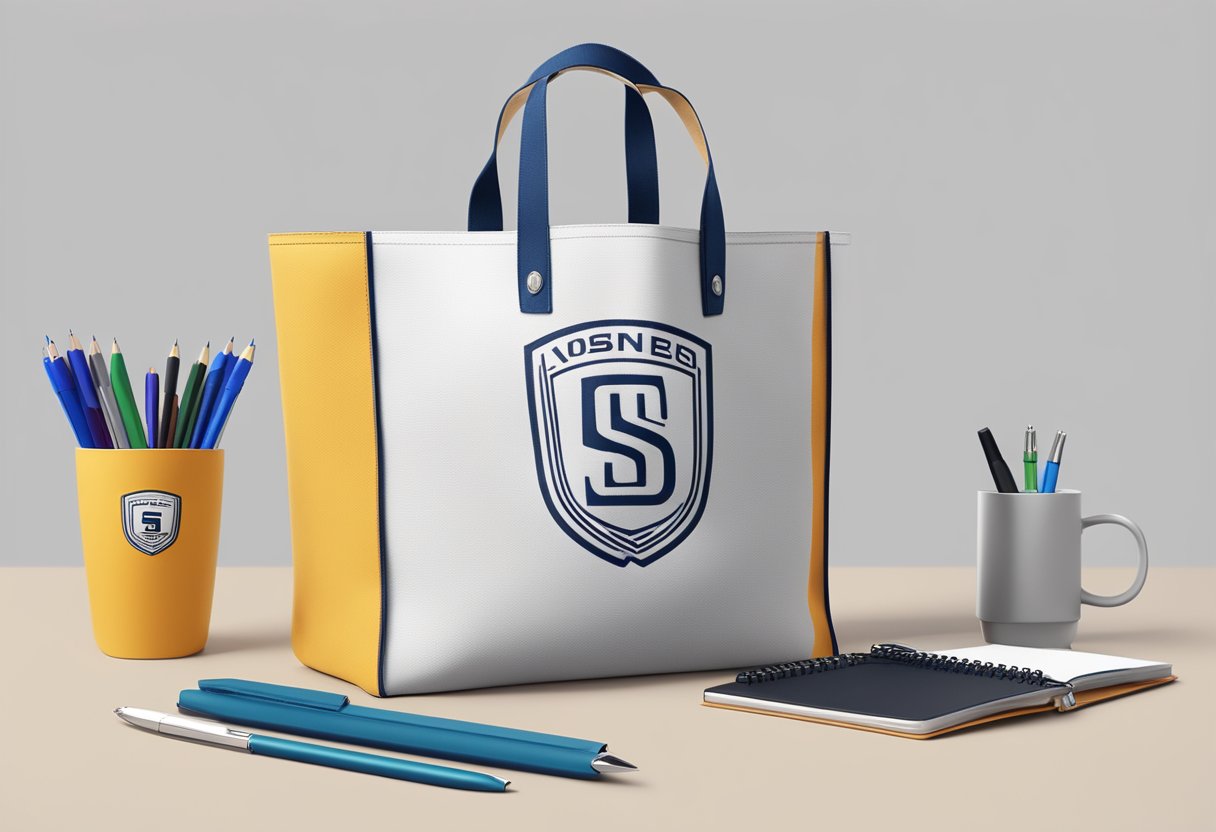 A tote bag with a company logo sits on a clean desk next to a branded notebook and pen