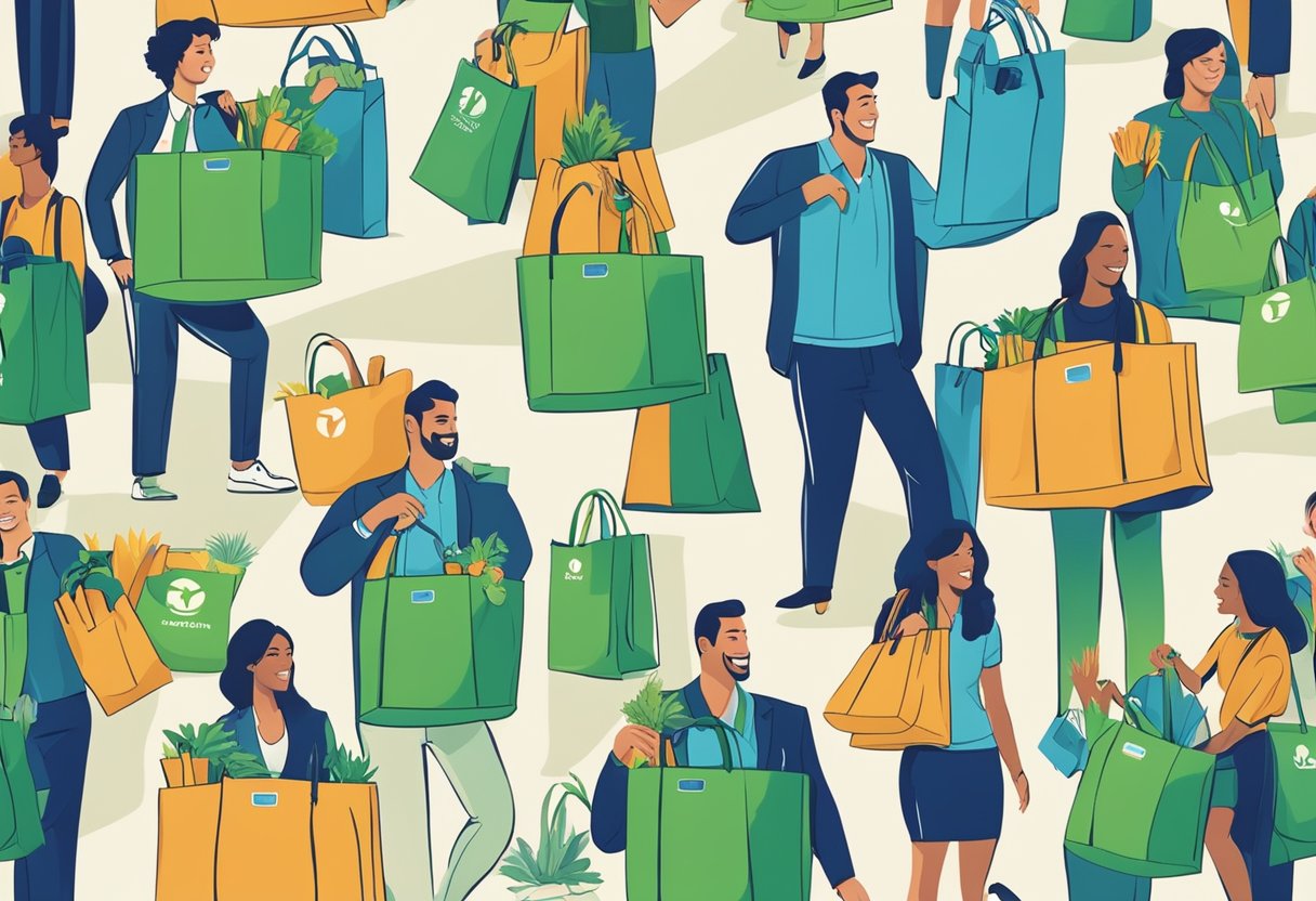 A group of professionals at a conference receiving branded tote bags with company logos, smiling and appreciating the practical and eco-friendly gift