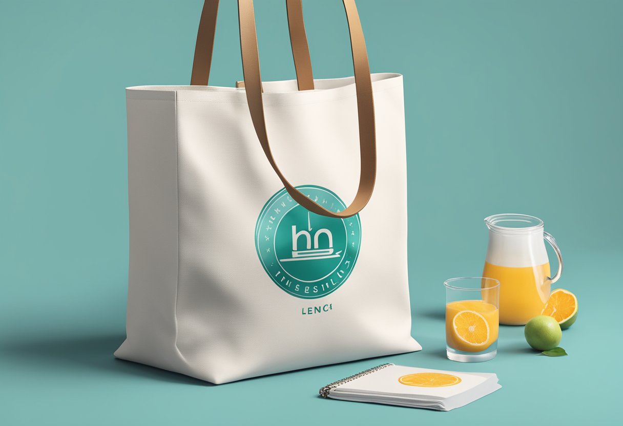 A hand reaches for a sleek, branded tote bag on a display table, surrounded by other options. The bag features the company's logo and is made of high-quality material