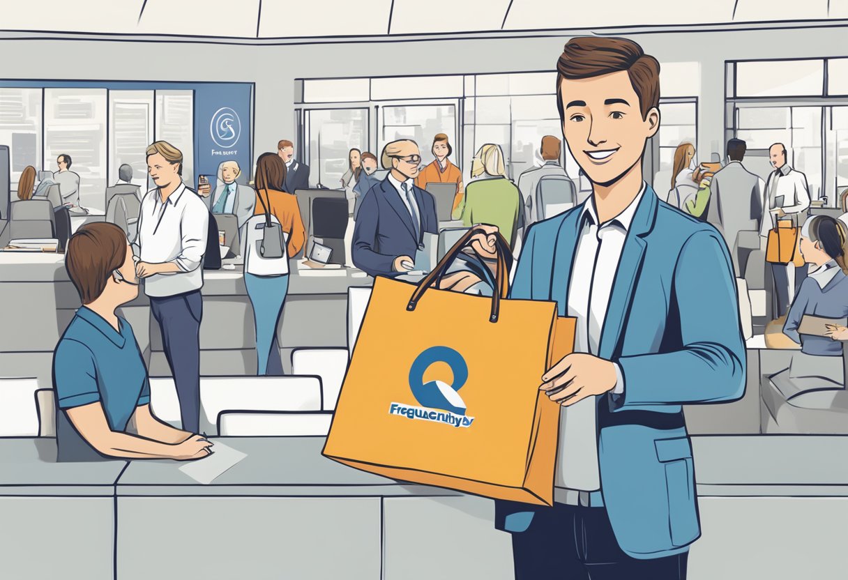 A tote bag with "Frequently Asked Questions" logo is being handed out as a corporate gift at a conference booth