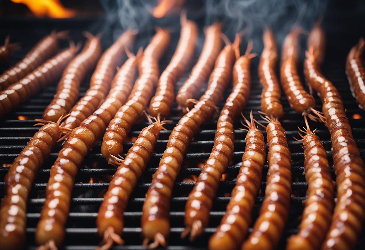 A plate of prawn sausages sizzling on a hot grill. The smoke rises as the sausages cook, releasing a mouthwatering aroma