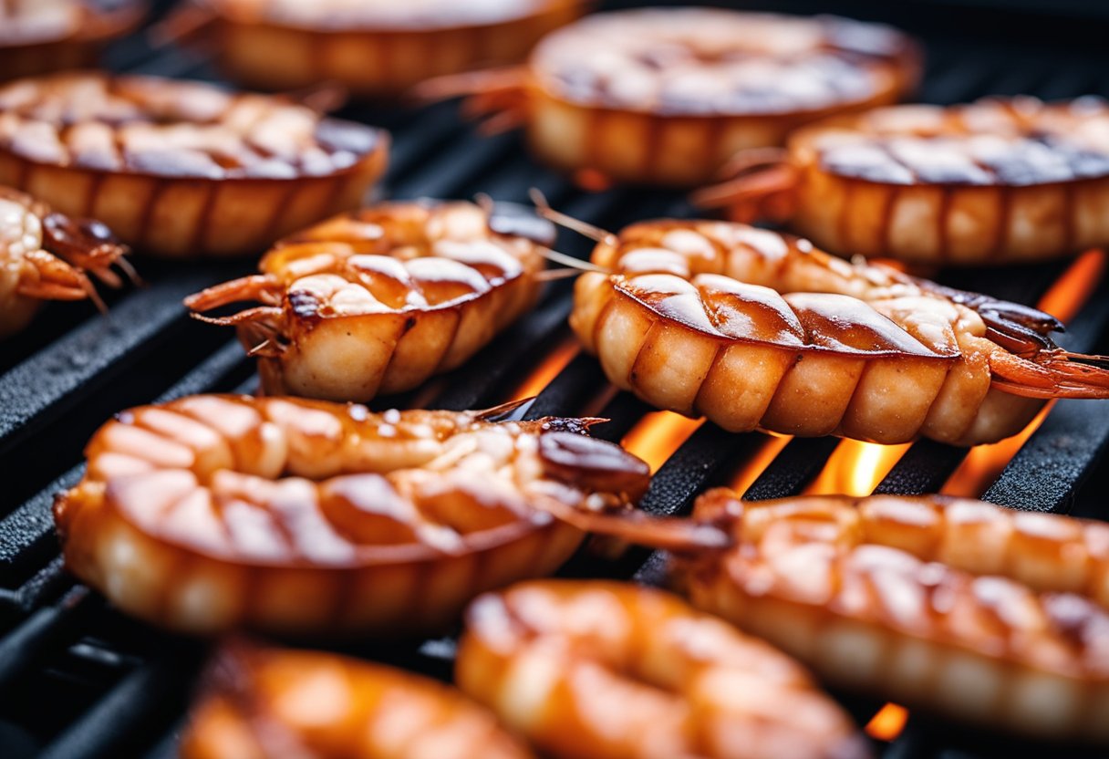 A sizzling prawn sausage on a hot grill