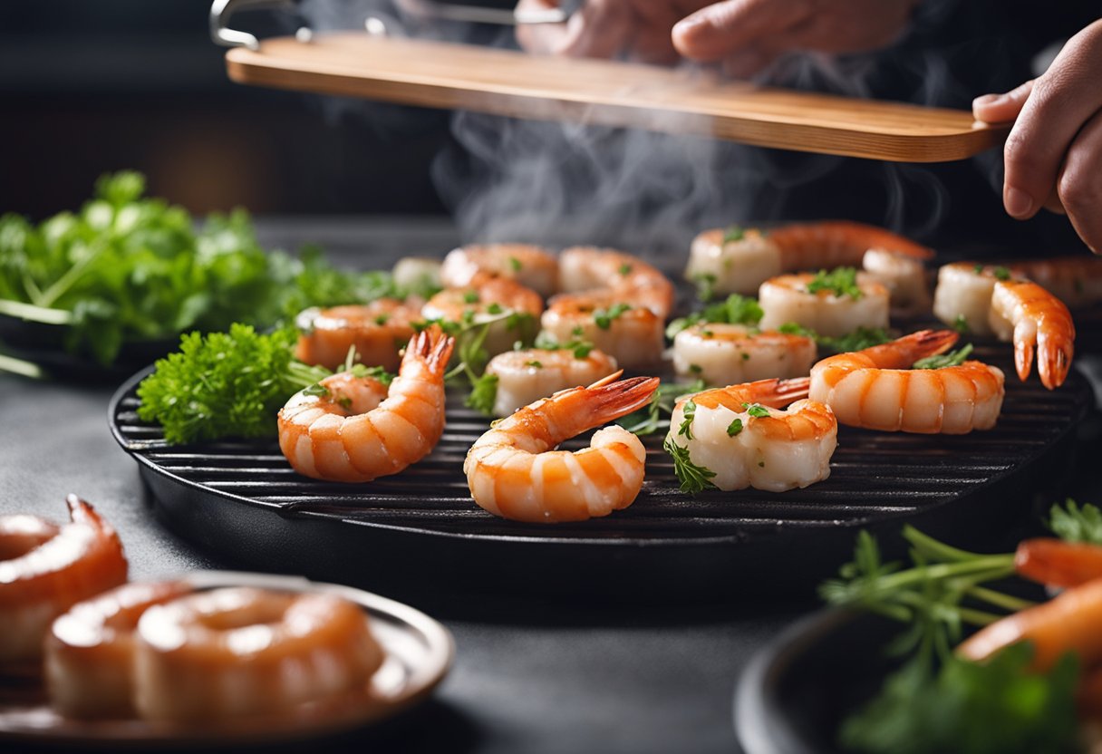 Prawn sausages sizzling on a hot grill, steam rising. A chef places them on a plate, garnishing with fresh herbs before serving