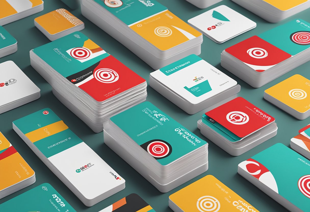 A stack of target corporate gift cards arranged neatly on a sleek, modern desk with a branded logo in the background