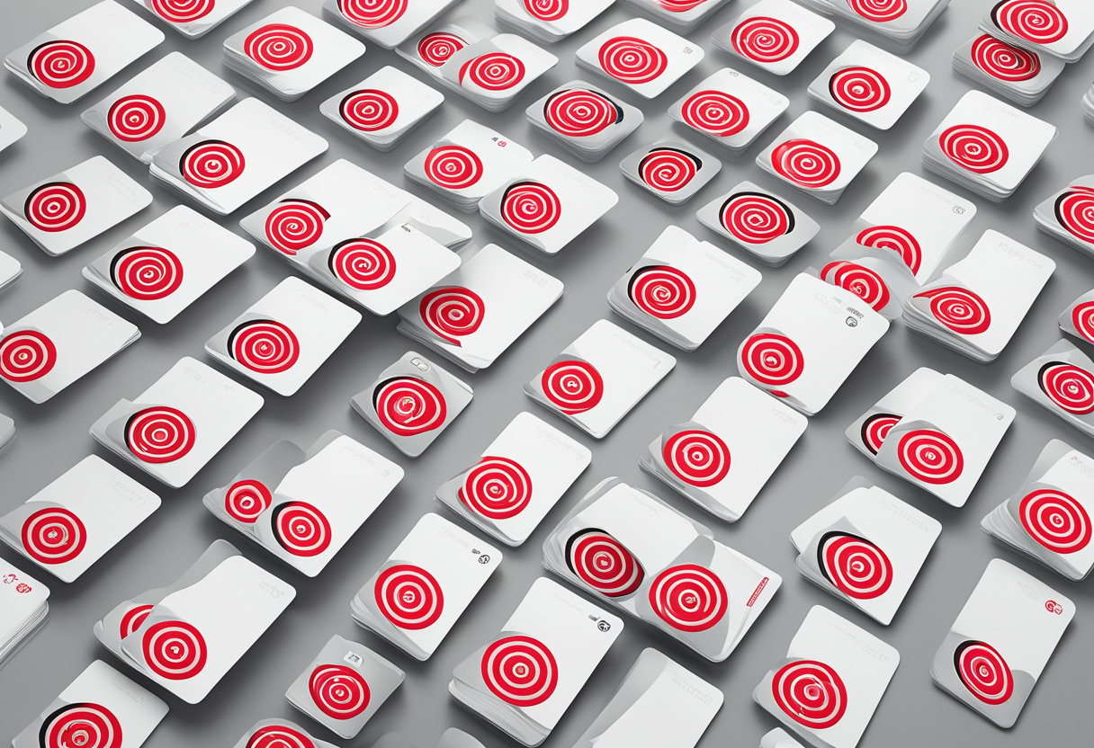 A stack of Target corporate gift cards arranged neatly on a white table, with the Target logo prominently displayed on each card
