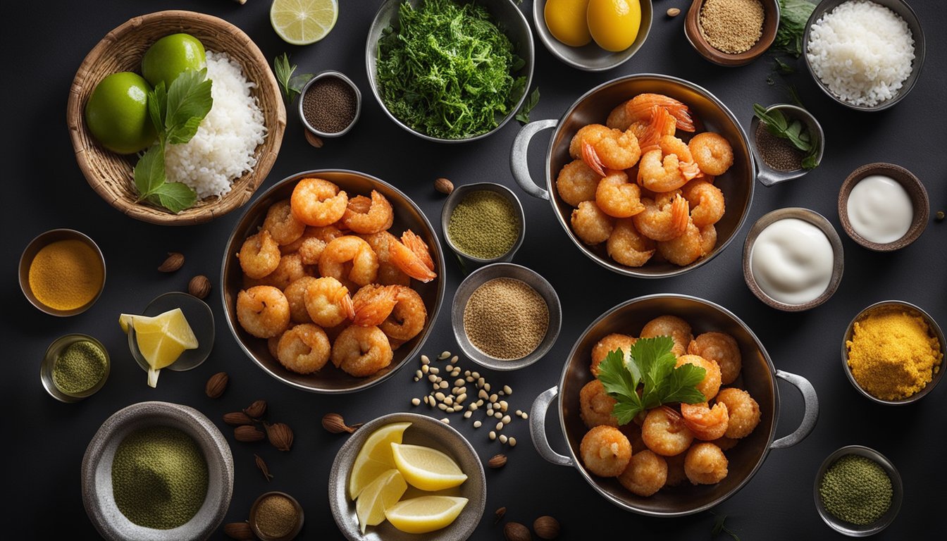 Prawn vadai ingredients are arranged on a clean, organized kitchen counter, including prawns, spices, and batter