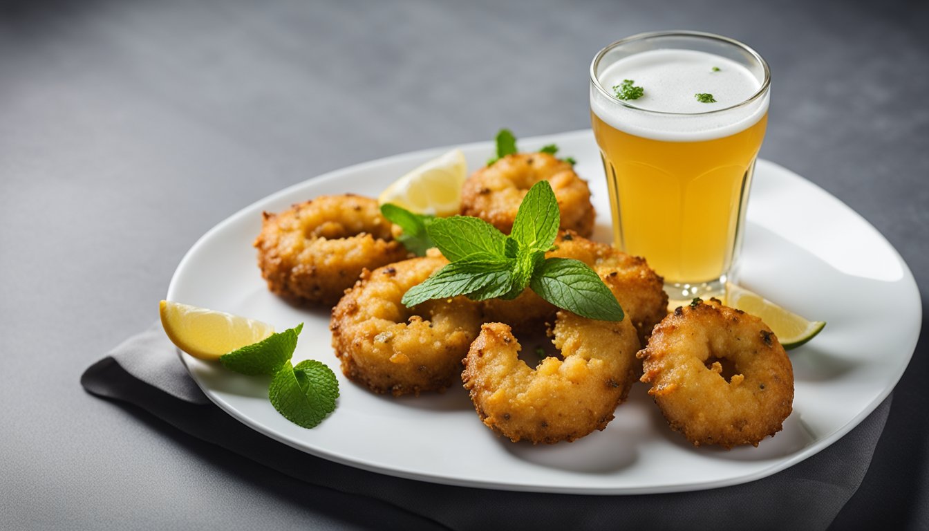 Golden prawn vadai arranged with mint chutney and lemon wedges on a white platter. A glass of chilled beer sits beside it