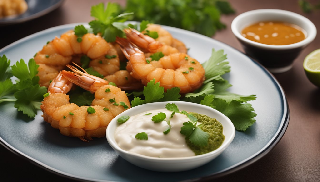 A plate of golden-brown prawn vadai arranged neatly with a side of tangy dipping sauce, garnished with fresh coriander leaves