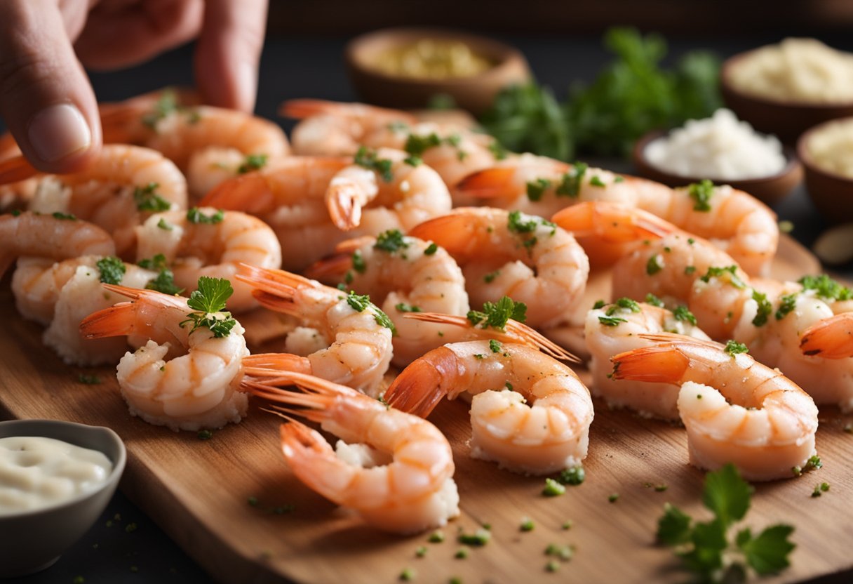 Cooked prawns being mixed with seasonings and spread onto bread slices before being fried