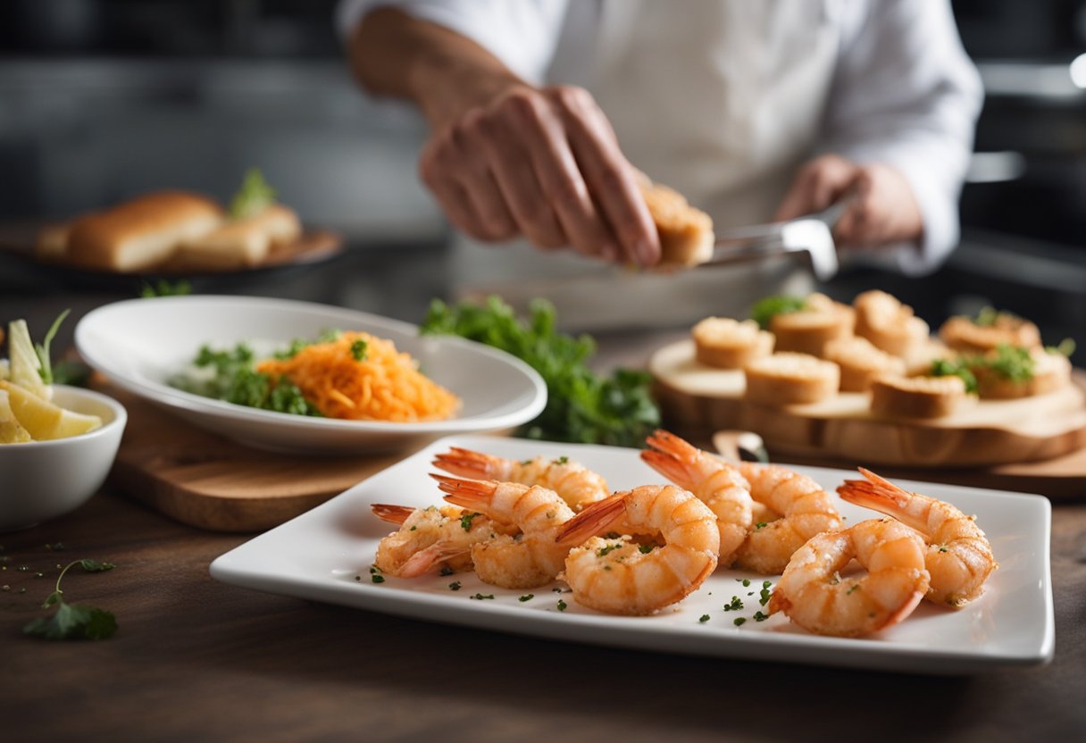 Prawns are being chopped and mixed with seasonings. Bread is being spread with the prawn mixture and then fried until golden brown. The finished prawn toast is being served on a platter