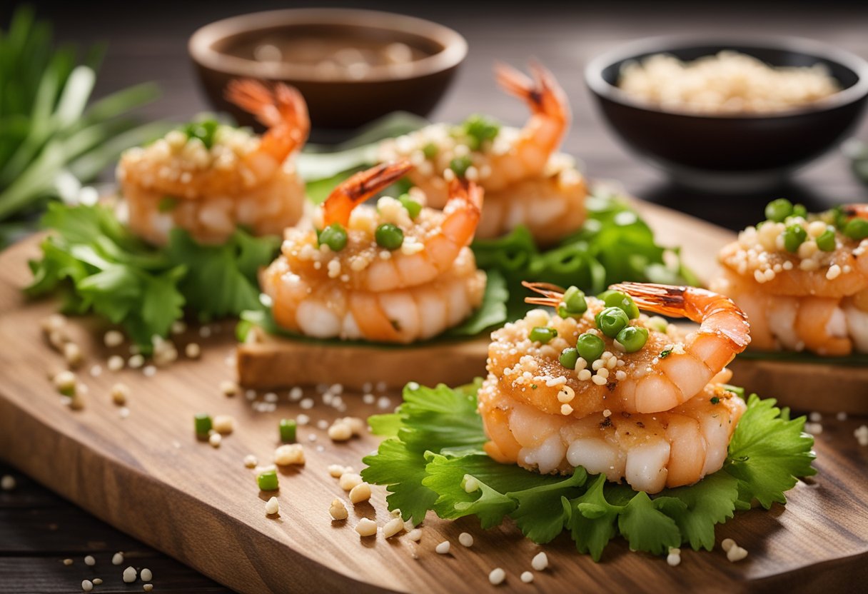 A plate of golden brown prawn toast topped with cooked prawns, garnished with sesame seeds and chopped green onions, sitting on a wooden cutting board